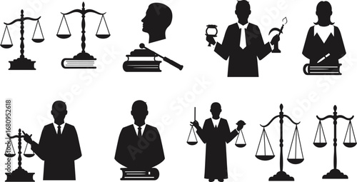 Silhouettes of legal symbols, scales of justice, judges with books, gavels, law concepts, courtroom icons, justice system, legal authority, law enforcement