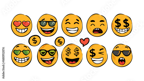 Yellow faces with various expressions and dollar signs