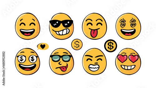 Yellow emoji faces with various expressions happy