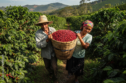 Working together to help each other carry the coffee bean harvest in large baskets