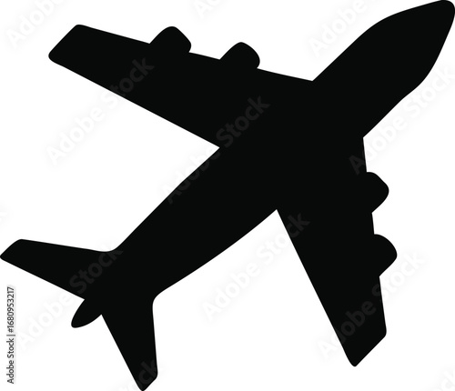 Sleek black silhouette of a modern jet airplane in flight conveying travel and transportation silhouette