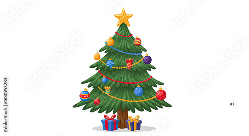 Christmas Tree with Ornaments and Gifts.