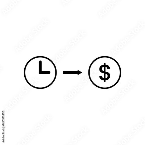 Simple graphic illustrating the concept of time converting or equating to money, represented by a clock and dollar sign.