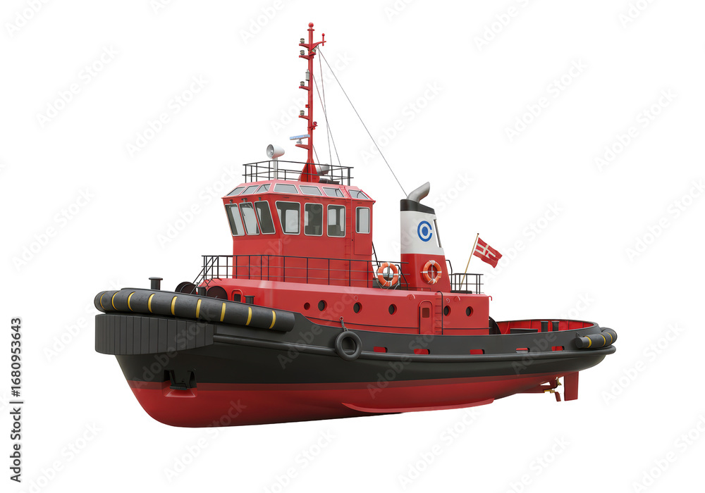 Fototapeta premium Isolated red and black tugboat, harbor vessel or marine service ship against blank canvas