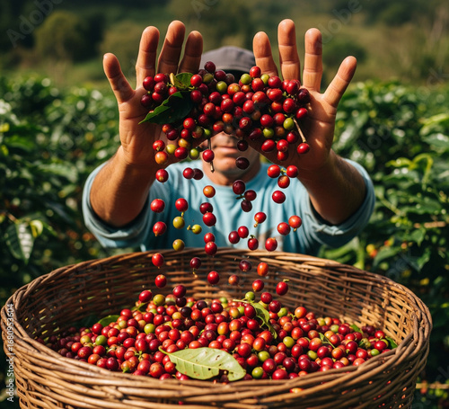 The harvest of ripe red coffee beans is put into a basket.