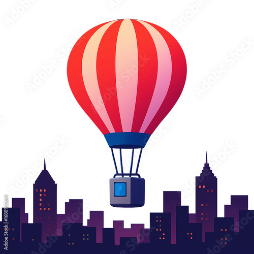 Vibrant red hot air balloon floats over a dark city skyline, symbolizing adventure, travel, and a new perspective on urban life