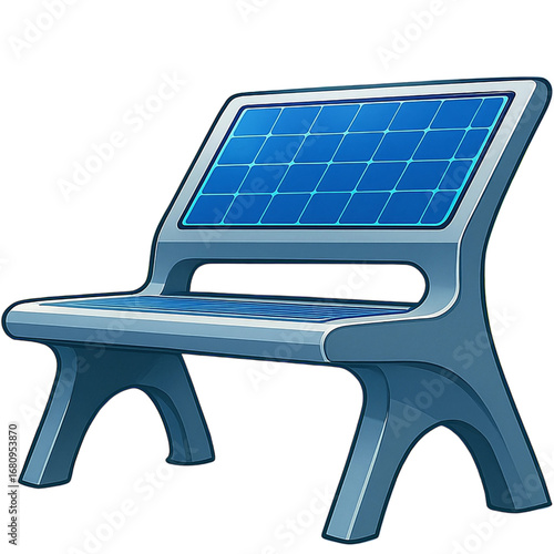 Futuristic smart city bench with integrated solar panels for sustainable urban infrastructure. A concept illustration of renewable energy technology