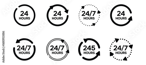 Set of Eight 24 Hours and 24/7 Service Icons with Circular Arrows symbol