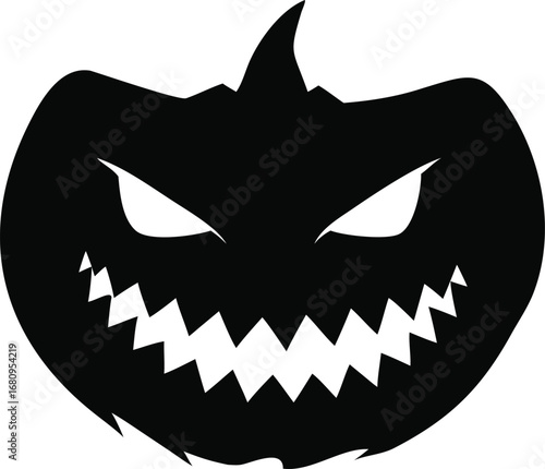 Fierce black silhouette of a spooky halloween jack-o'-lantern with a wicked grin and glowing eyes silhouette