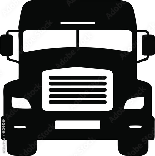 Front facing semi truck silhouette icon represents freight transportation logistics and heavy duty haulage services silhouette