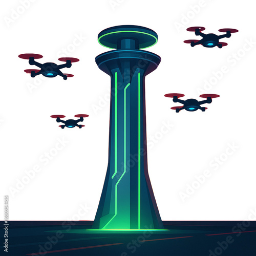 Futuristic command tower managing a fleet of autonomous surveillance drones in a smart city network concept
