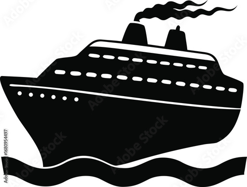 Stylized black and white cruise ship sailing on water with smoke emitting from funnels silhouette