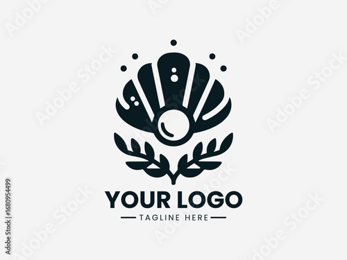 A beautiful vector logo illustration of an elegant pearl inside a sea shell with decorative laurel leaves