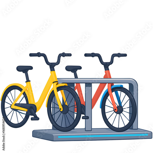 A yellow and red bicycle parked at a public sharing station. An illustration representing sustainable urban mobility and healthy, active transport