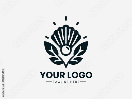 A beautiful vector logo illustration of an elegant pearl inside a sea shell with decorative laurel leaves