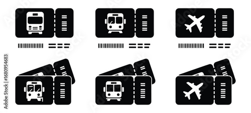 Train and Airplane Ticket Icons with Barcodes and Lines travel transportation