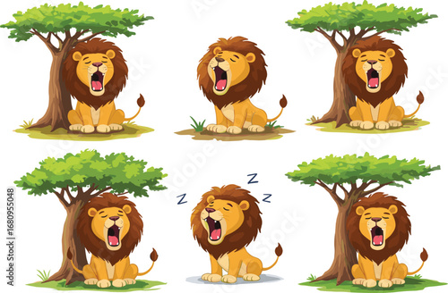 Cartoon lion resting under tree, yawning jungle animal, sleepy character art, nature theme, kids illustration, stock image
