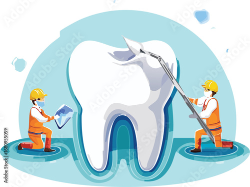 Dental anatomy illustration showing cavity and tool for examination, used in educational materials for children and young adults.

