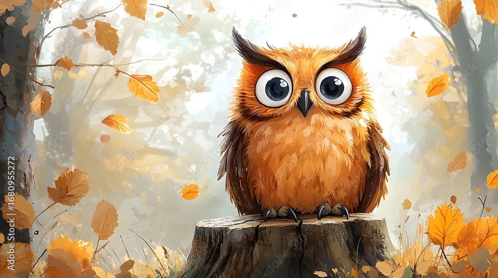 Obraz premium A cute fluffy orange cartoon owl with large curious eyes perches on a tree stump in a vibrant autumn forest with falling leaves