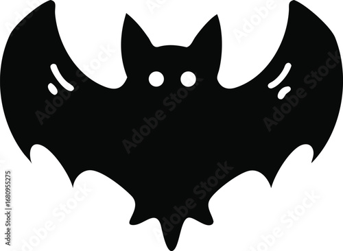 Stylized black silhouette of a flying bat with wide wings and glowing white eyes for halloween or fantasy themes silhouette