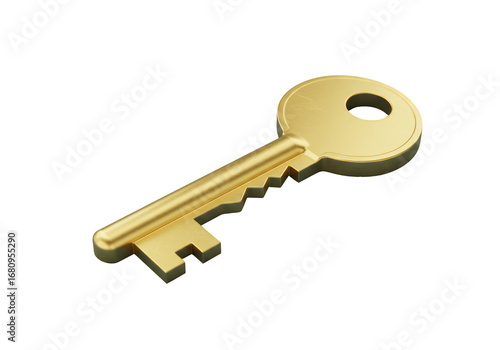 Isolated vintage golden key for house or office, security and access concept