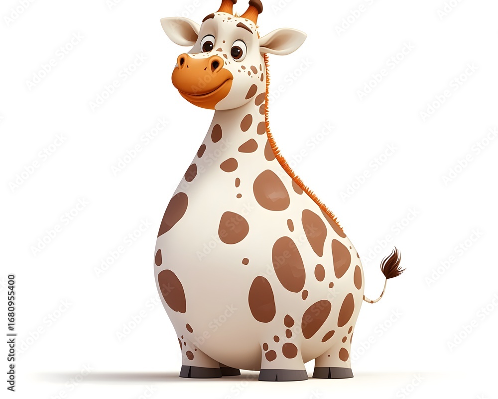 Fototapeta premium A cute and chubby cartoon giraffe with brown spots and an orange snout smiles happily isolated on a clean white background
