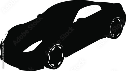 Stylized black silhouette of a sleek sports car captured from a dynamic angle for automotive design and advertising silhouette