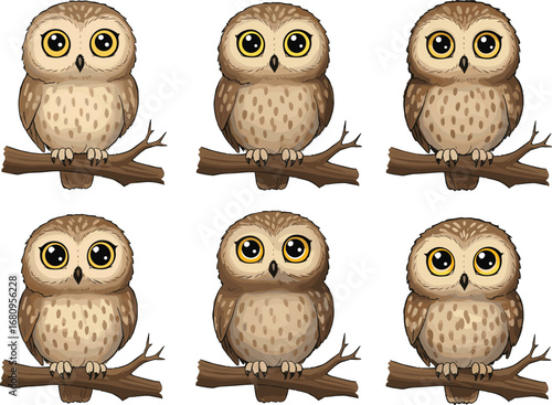 Cartoon owls perched on branches, expressive animal faces, visual comparison illustration, nature theme, kids art, stock image