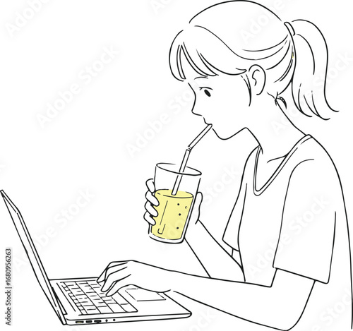 Line drawing of a young woman with ponytail drinking from a glass with a straw while typing on a laptop
