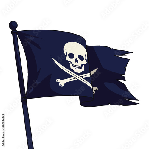 A tattered black pirate flag with a skull and crossed swords waving on a pole.
