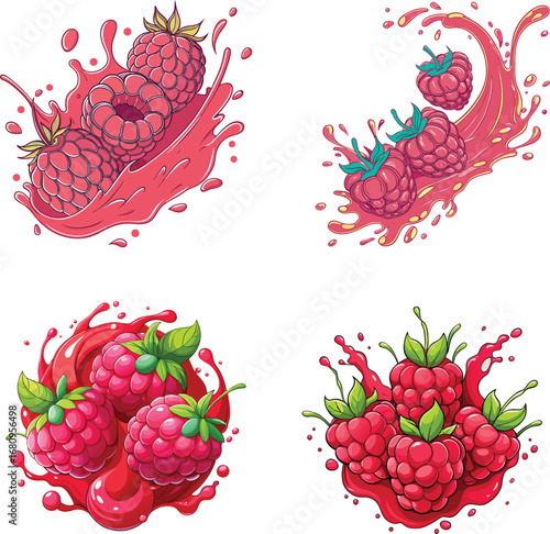 Juicy Raspberry Fruits with Dynamic Liquid Splash Vector Art. 