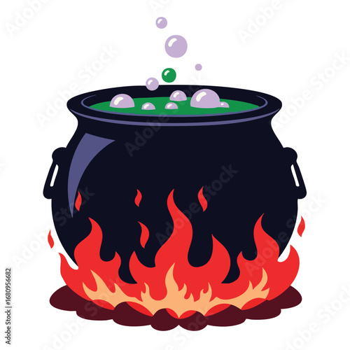 Cartoon Cauldron with Bubbling Green Potion and Flames.
