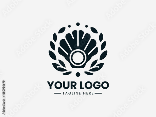 A beautiful vector logo illustration of an elegant pearl inside a sea shell with decorative laurel leaves