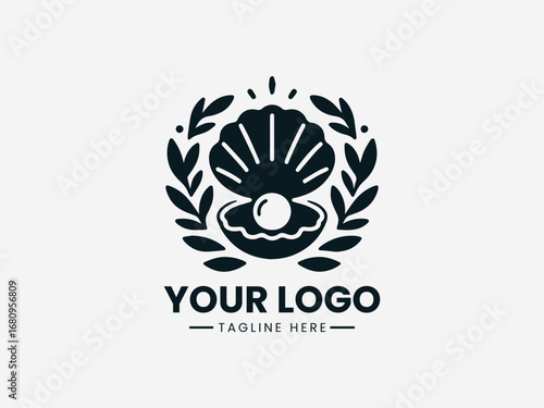A beautiful vector logo illustration of an elegant pearl inside a sea shell with decorative laurel leaves
