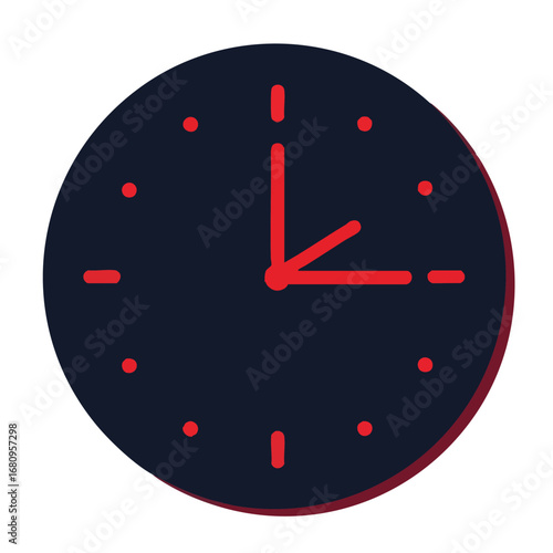 Minimalist dark clock face icon with bright red hands and hour markers.
