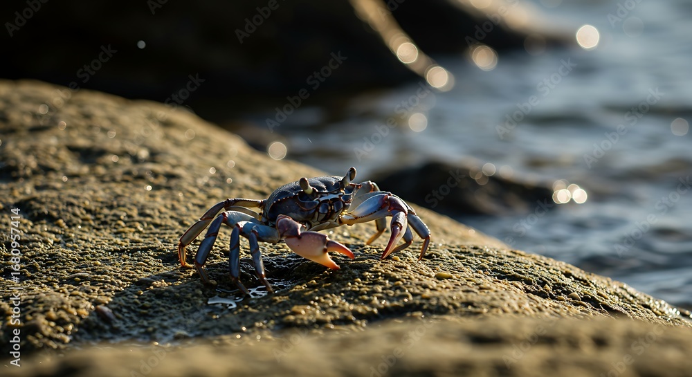 Fototapeta premium Vibrant Blue Crab on a Sun-Kissed Rock by Glistening Water