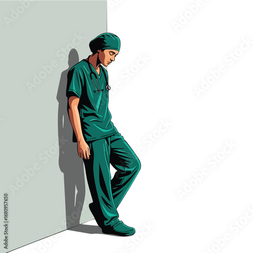 Doctor in Green Scrubs Leaning Against Wall Looking Downcast.
