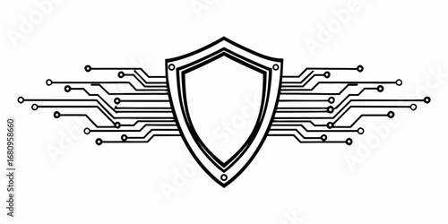 Outline of a shield with circuit board lines extending from the sides in a symmetrical pattern