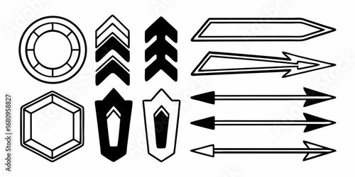 Collection of geometric shapes including arrows shields and a circle and hexagon outlined in black color