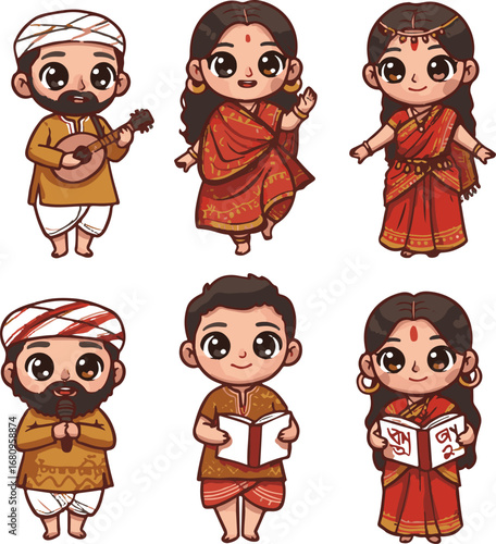 Six cartoon characters in traditional Indian attire with musical instruments and books culture people