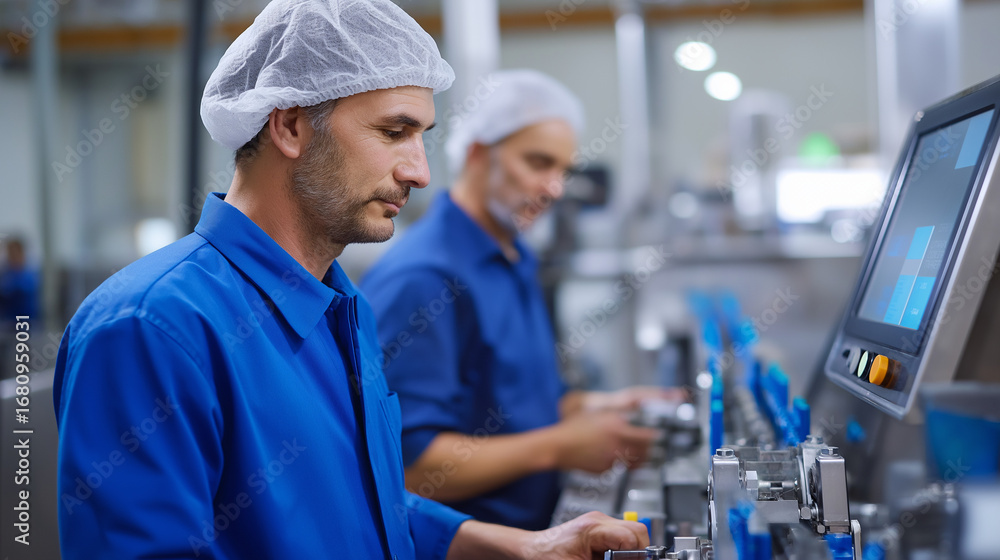 Obraz premium State of the art food packaging facility where robotic systems delicately handle fresh products with adaptive grippers. Hygienic stainless steel environment with precise
