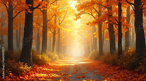 Autumn Forest Path with Orange Leaves and Warm Sunlight