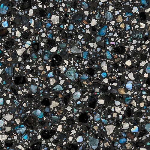 abstract background with blue and white stones, “Minimalist terrazzo pattern with holographic stone fragments, futuristic luxury aesthetic”