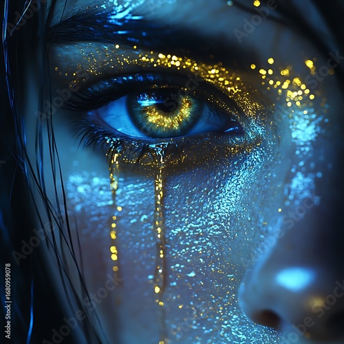 Close up photo of a human eye shedding tears of golden glitter with artistic lighting