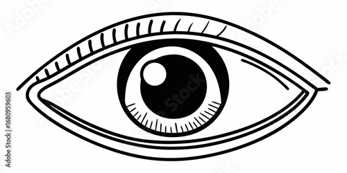 Illustration of a single eye with eyelashes and a prominent pupil in black and white outline style