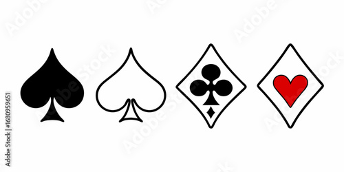 Illustration of four card suits including a spade a club a diamond and a heart on a white background