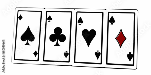 Four playing cards showing spade club heart and diamond suits in a row on a white background view