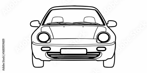 Front view of a white car with round headlights and visible seats in a black outline drawing style