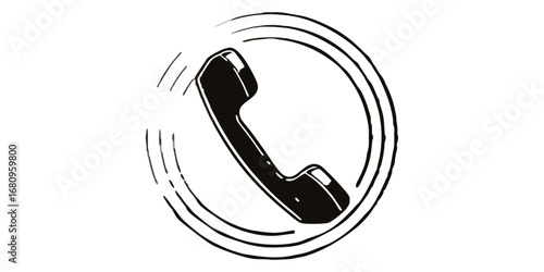 Illustration of a black telephone receiver inside a circle with a white background and simple line art