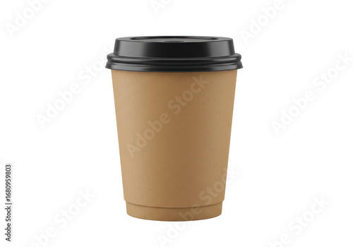 Isolated coffee to go, brown kraft paper cup with black plastic lid, realistic mockup